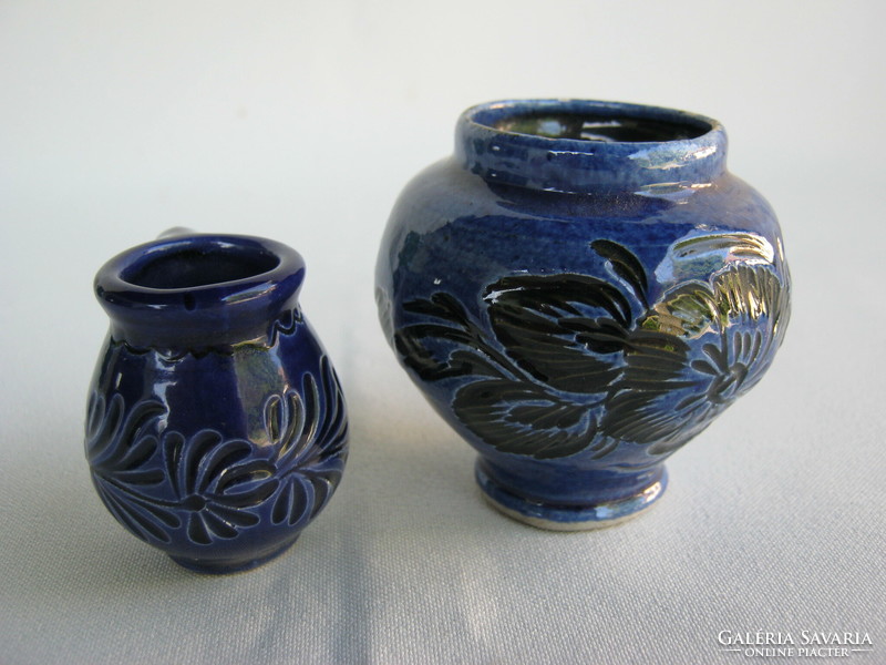 Blue glazed ceramic mini jug and vase