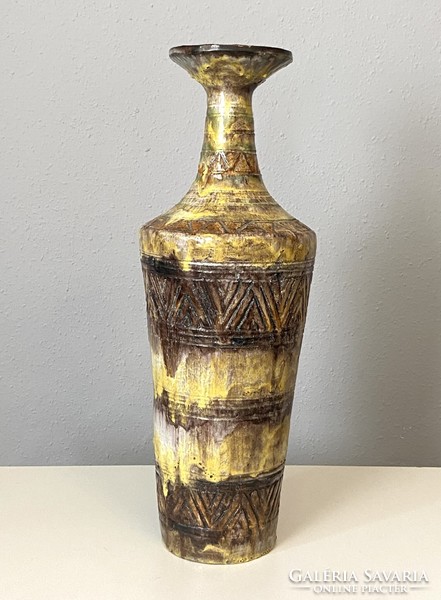 Zsuzsa Lehoczky marked retro painted etched ceramic floor vase 57 cm