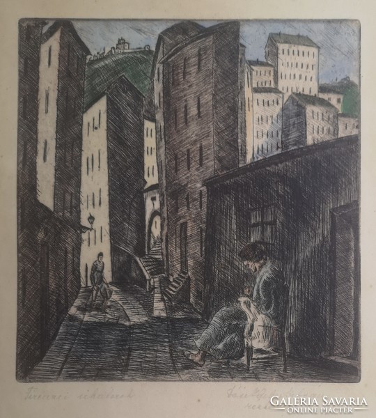 István Dési huber(1895-1944): Florentine alleys. Rare colored etching.