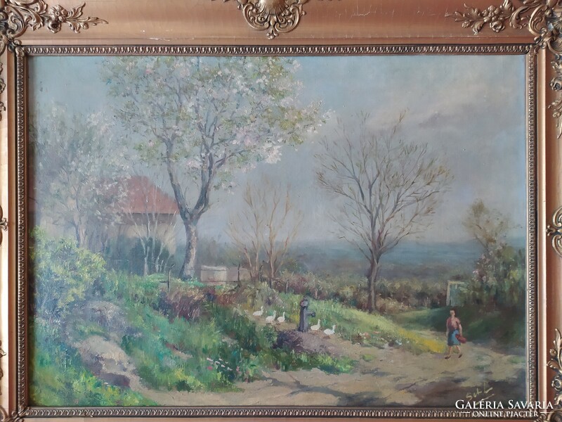 Farm spring landscape, signed oil on canvas painting in original blondel frame, 50 x 70 cm