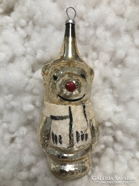 Antique, old Christmas tree decoration, glass teddy bear with a beige scarf