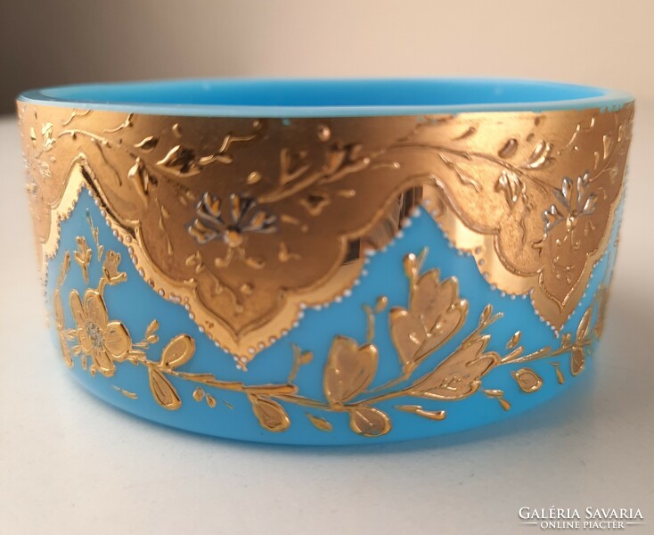Antique chalcedony glass bowl with gold-colored painted decoration