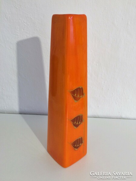 Narancssárga, levélmintás mázas kerámia váza