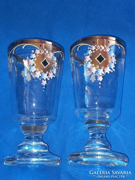 2 pcs of antique enamel painted Biedermeier footed commemorative glass goblet with Art Nouveau motif with gilding﻿