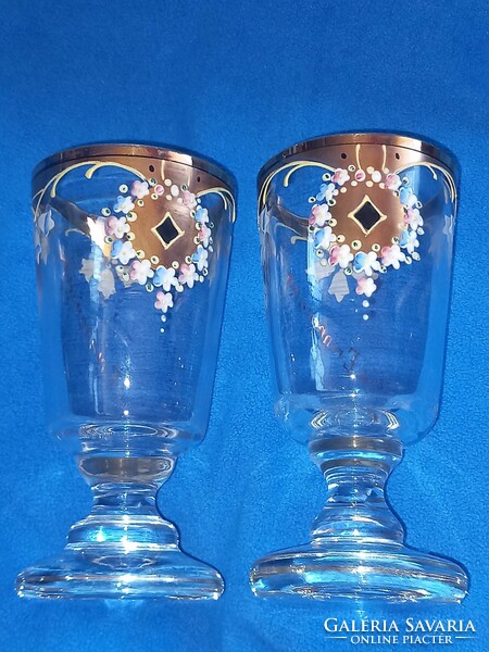 2 pcs of antique enamel painted Biedermeier footed commemorative glass goblet with Art Nouveau motif with gilding﻿