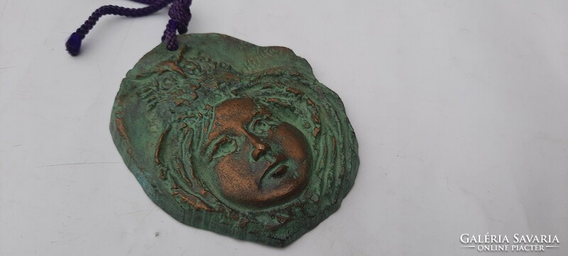Charming bronze letter weight / wall decoration - portrait of a girl with an owl - signed