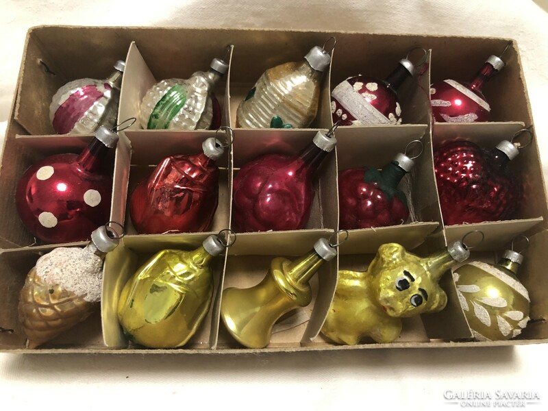 Antique, old Christmas tree decoration, 15 glass mini ornaments in a box (teddy bear, rose bud, heart,...)