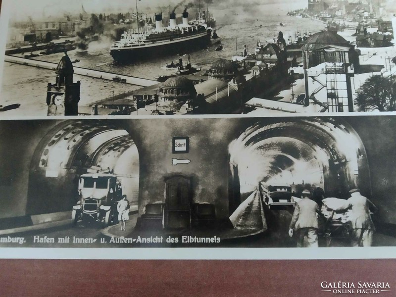 Régi képeslap, Hamburg kikötő belső és külső kilátással, Elb alagút, postatiszta