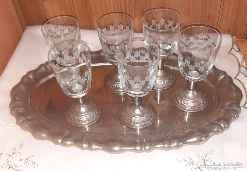 Old set of polished glass glasses with metal base, with alpaca tray