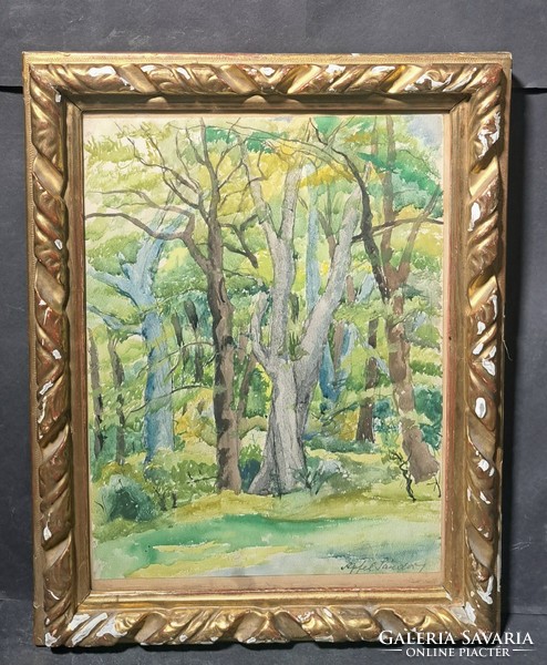 Apfel Sándor: Erdei tájkép (régi akvarell) XX. század első fele