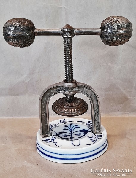 Antique German onion pattern porcelain / iron nutcracker, 19th c.