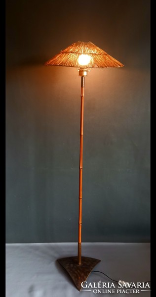 Bamboo-copper-raffia floor lamp 1950 art deco design. Negotiable!