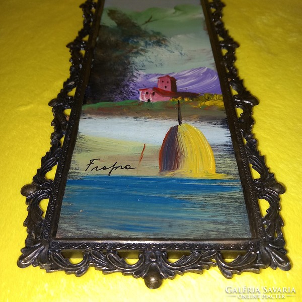 Italian, Mediterranean, wood fiber/oil picture with metal frame, painting, wall decoration. Signed.