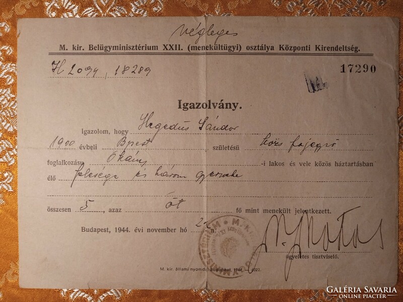 1944.Menekült igazolvány magyar személy részére