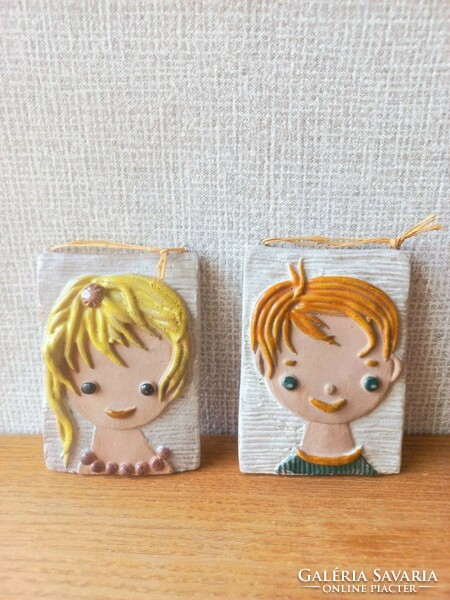 Retro Hungarian ceramic ovis pictures. Boy and girl