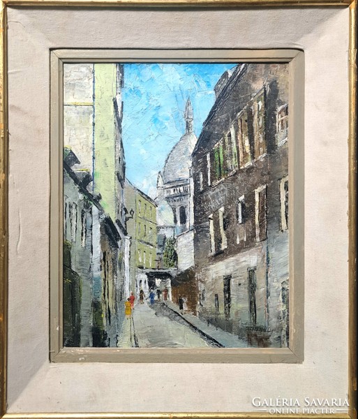 Montmartre street with the sacré coeur basilica - Paris, 1957 - signed oil painting in frame