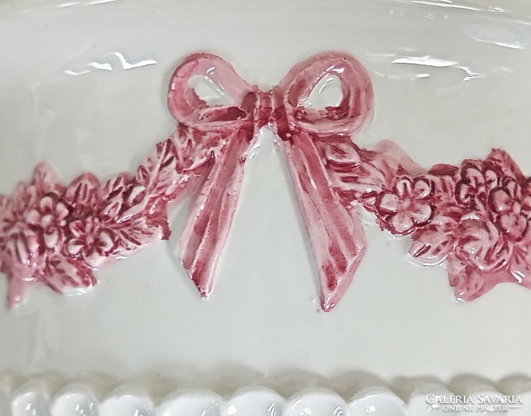 Italian ceramic pink bow-garland basket 18x15cm