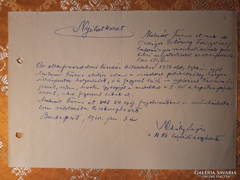 1960. Certification of the Hungarian ambassador in Belgrade, regarding armed participation in 1956