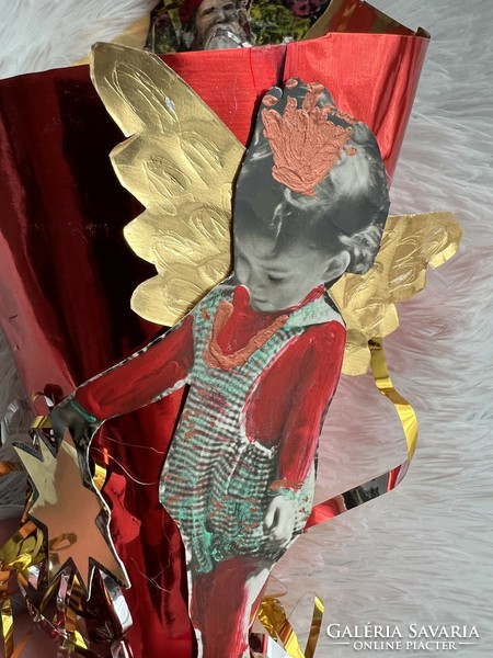 Régi és új papírokból anyagok felhasználásával készült angyalkás cukortartó karácsonyfadísz