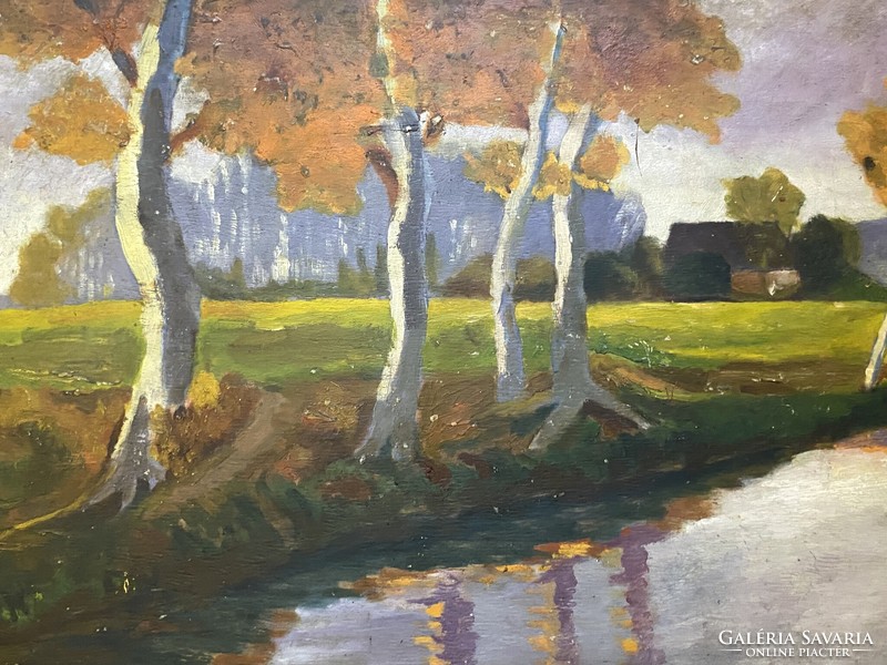 Waterside landscape with houses and birches art nouveau painting 72 x 52 cm