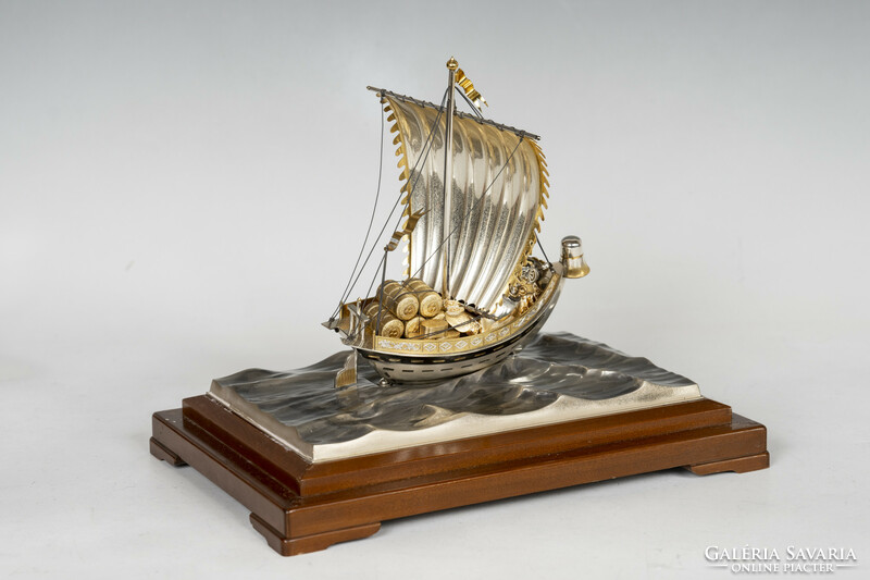 Silver Japanese treasure ship model in glass box (takehiko seki)