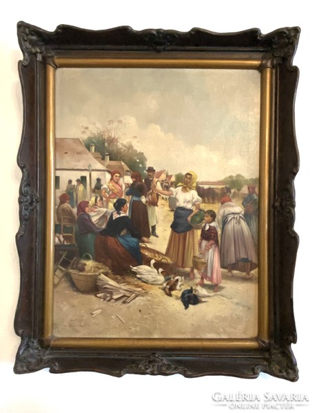 Copy of Louis ébner oil canvas painting deák ébner lajos poultry market in blondel frame