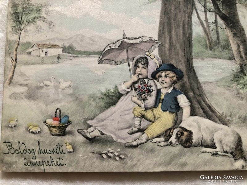 Antik, régi színezett, grafikus V. K. VIENNE  Húsvéti képeslap - 1910                   -10.