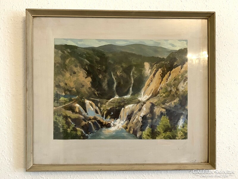 Research a. 1972 Plitvica watercolor retro landscape painting in white frame