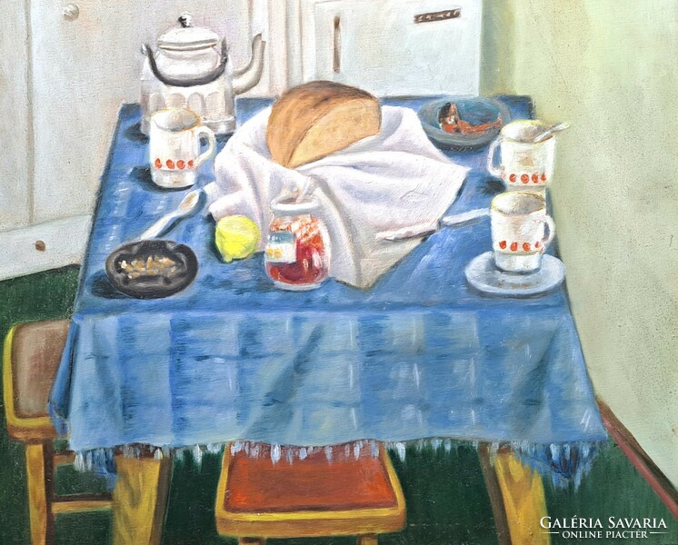 Kitchen still life with bread and lemon (oil painting)