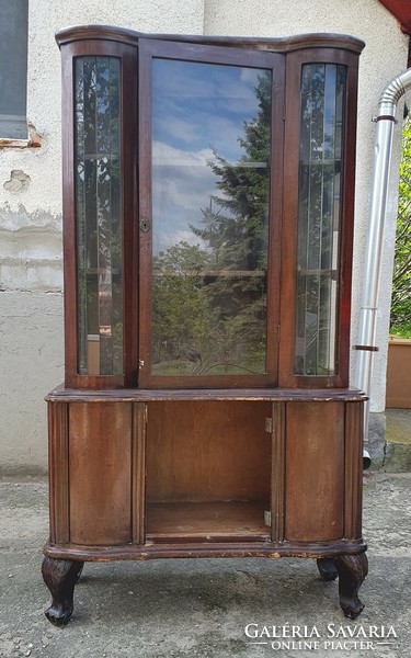 Antique neo-baroque solid wood display cabinet with carved legs to be renovated