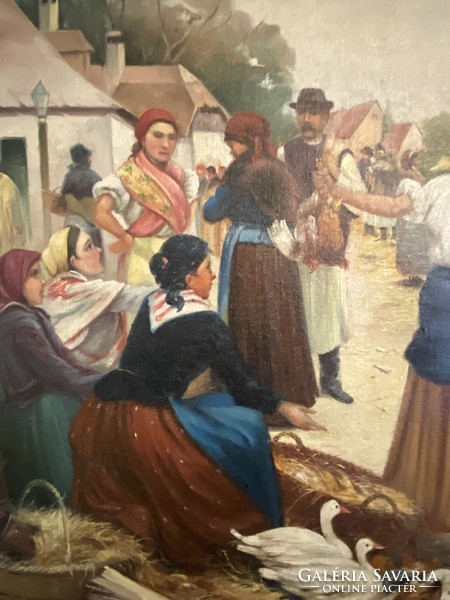 Copy of Louis ébner oil canvas painting deák ébner lajos poultry market in blondel frame