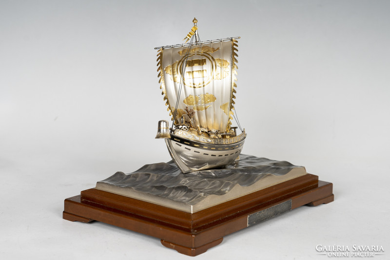 Silver Japanese treasure ship model in glass box (takehiko seki)