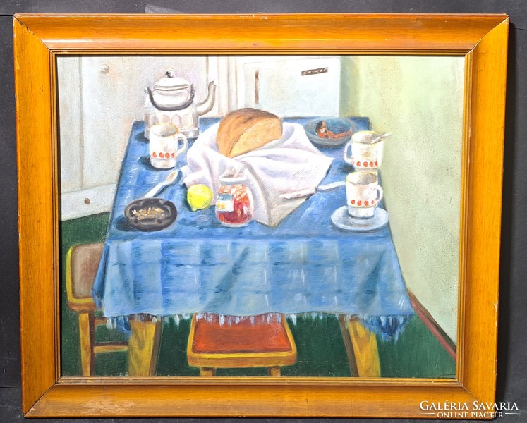 Kitchen still life with bread and lemon (oil painting)