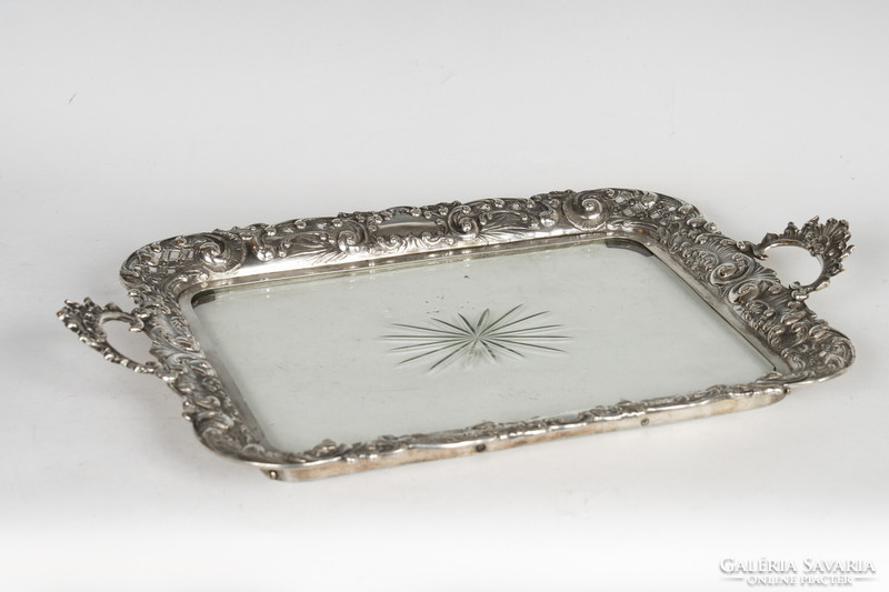 Silver neo-baroque edged tray with glass insert