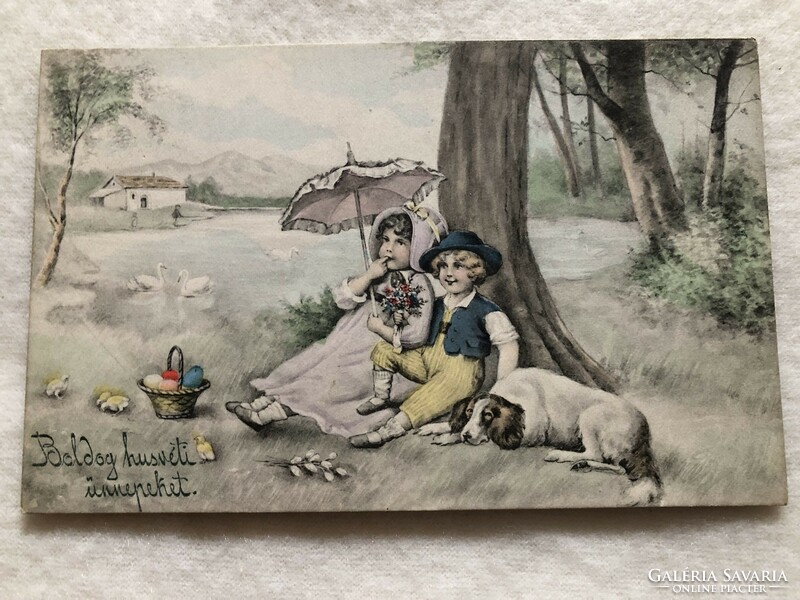 Antik, régi színezett, grafikus V. K. VIENNE  Húsvéti képeslap - 1910                   -10.