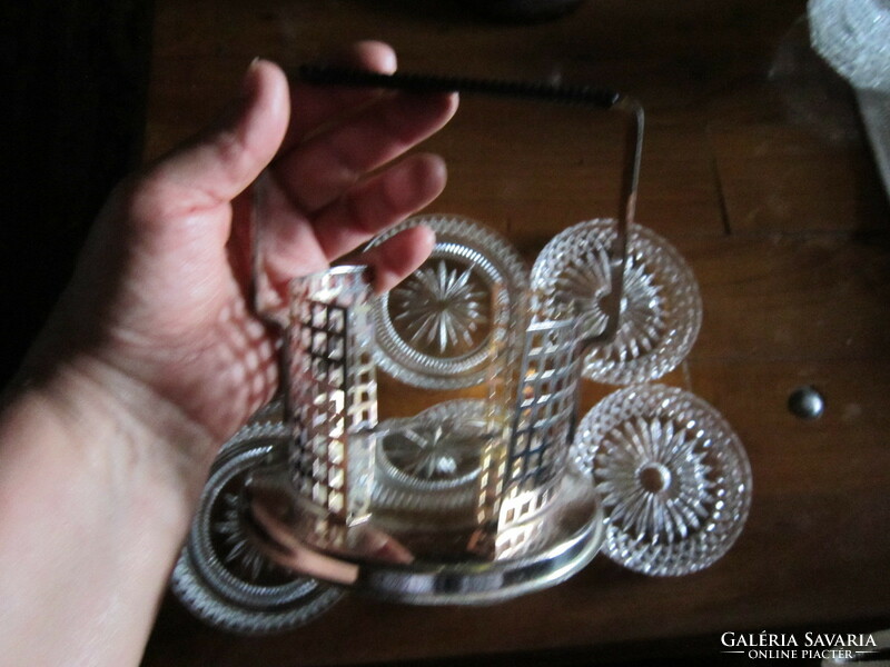 Vintage 4+2 glass coasters in a silver-plated holder