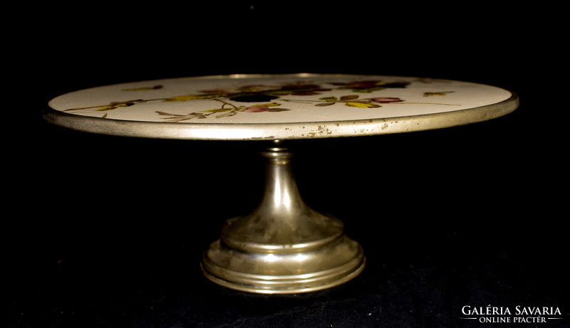 Antique large round earthenware inlay with flower and insect pattern, round cake stand with metal base