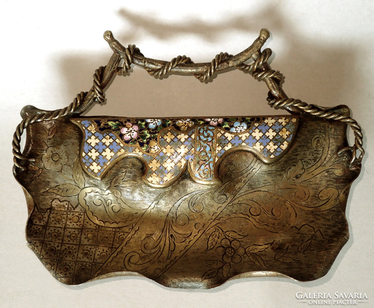 Old antique fabulous art nouveau copper metal fire enameled serving bowl with handles enameled table centerpiece