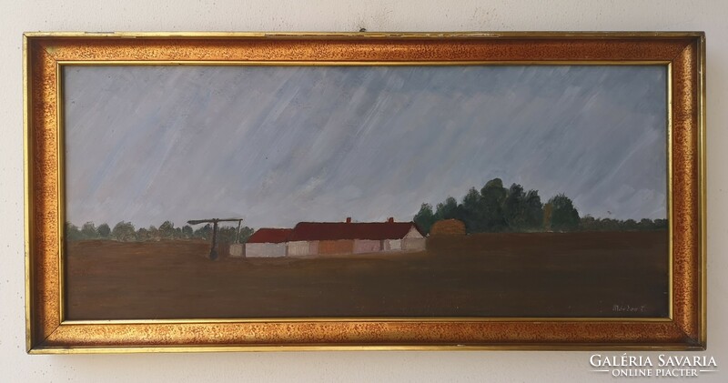 Farmhouse with boom well. Signed oil painting.