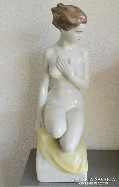 Large, hand-painted porcelain, graceful female nude statue from Hollóháza