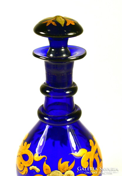 Antique Biedermeier painted blue glass liquor bottle with polished stopper