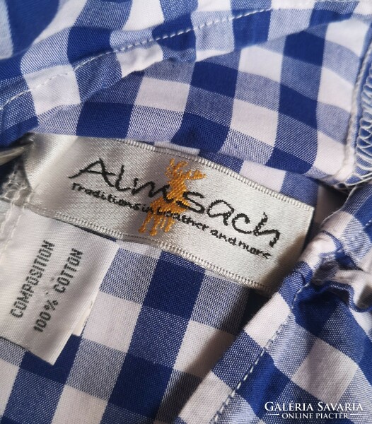 Almsach 34 trachten blouse, blue and white Tyrolean cotton wear, antler buttons
