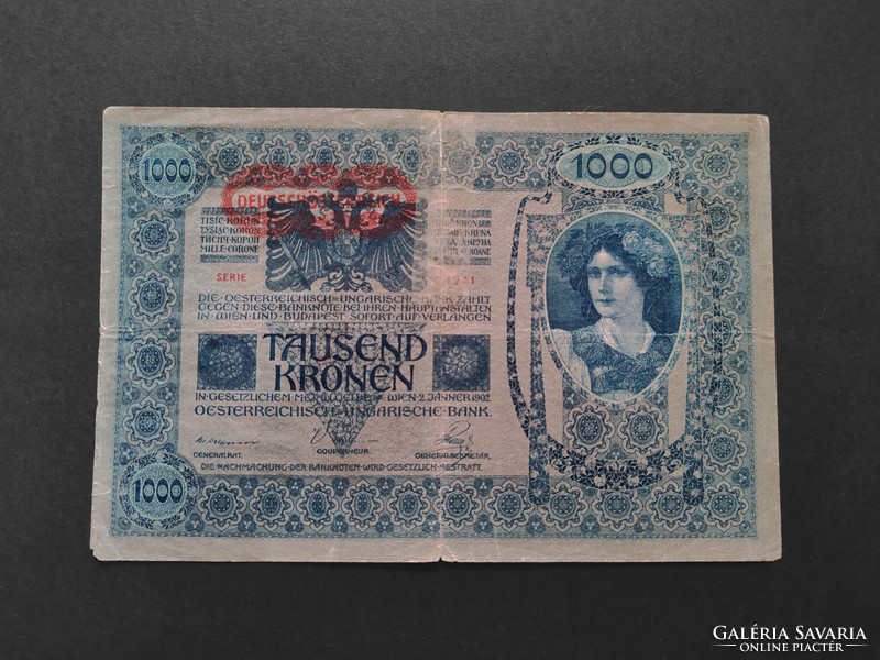 1000 Korona 1902, vg+, d.Ö. Overprinting