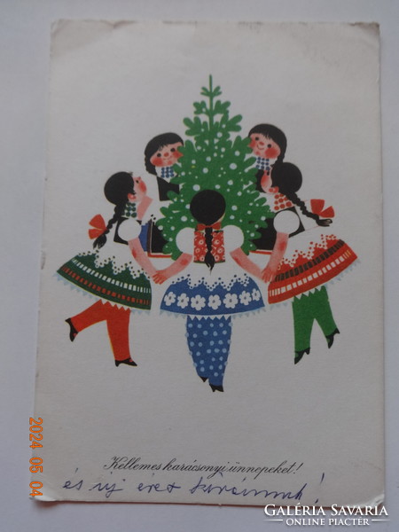 Régi grafikus újévi üdvözlő képeslap, Kecskeméty Károly rajz