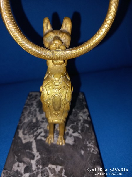 Antique special 19th century Empire fire-gilt bronze lion and snake pocket watch holder on a marble base