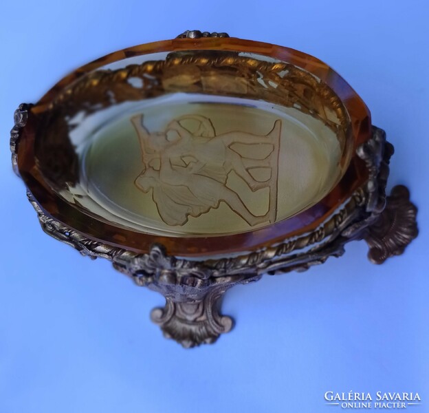 Antik Ékszertartó Vésett Üveg Aranyozott Réz Oroszlános Reneszánsz stílusú XIX.sz. Ritkaság