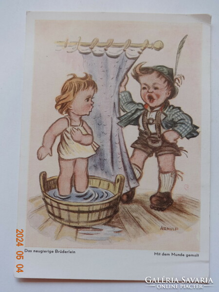 Régi grafikus üdvözlő képeslap: A kíváncsi kistestvér (Arnulf Erich Stegmann rajz), postatiszta