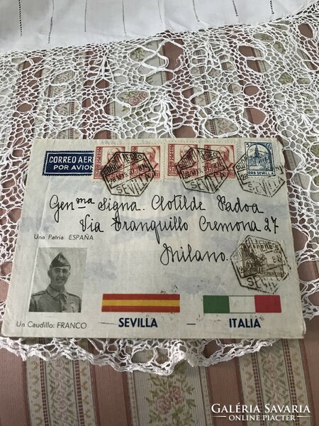 A real rarity!! Airmail envelope from Seville to Milan decorated with the image of General Franco, 1937.