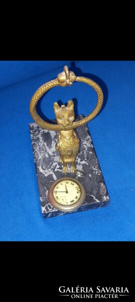 Antique special 19th century Empire fire-gilt bronze lion and snake pocket watch holder on a marble base