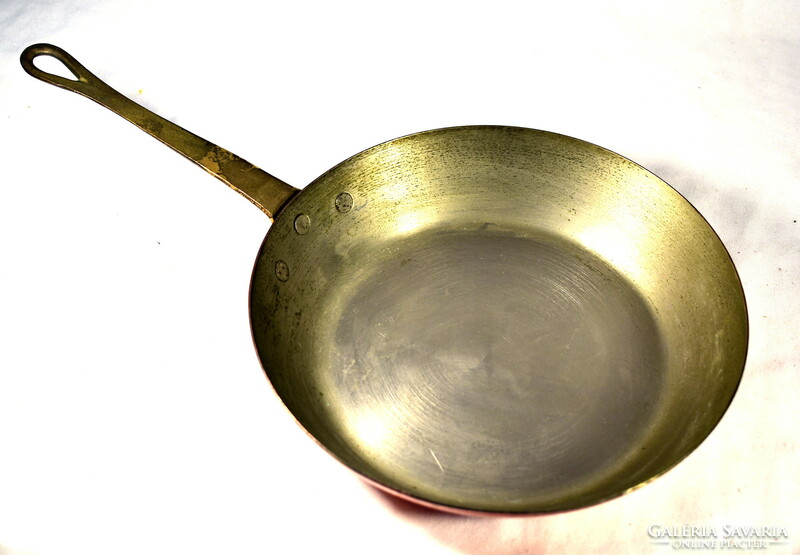 Red copper pan with solid brass handle (marked)